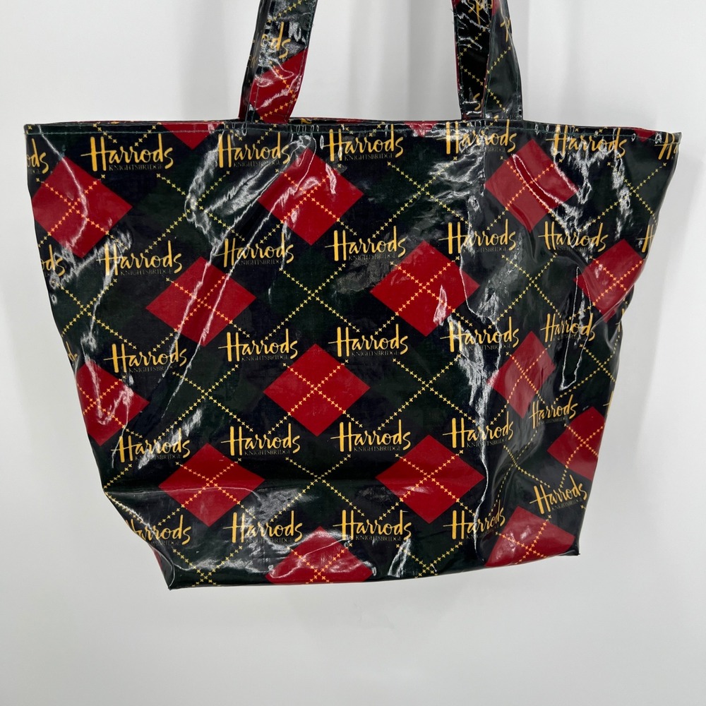 Two Vintage Harrods Knightsbridge London Coated Canvas Tote Bags Argyle Plaid View 4